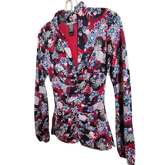 Bisou Bisou Michele Bohbot Floral Semi Sheer Ruched LS Top Whimsygoth Mesh Sz XS - Picture 6 of 15